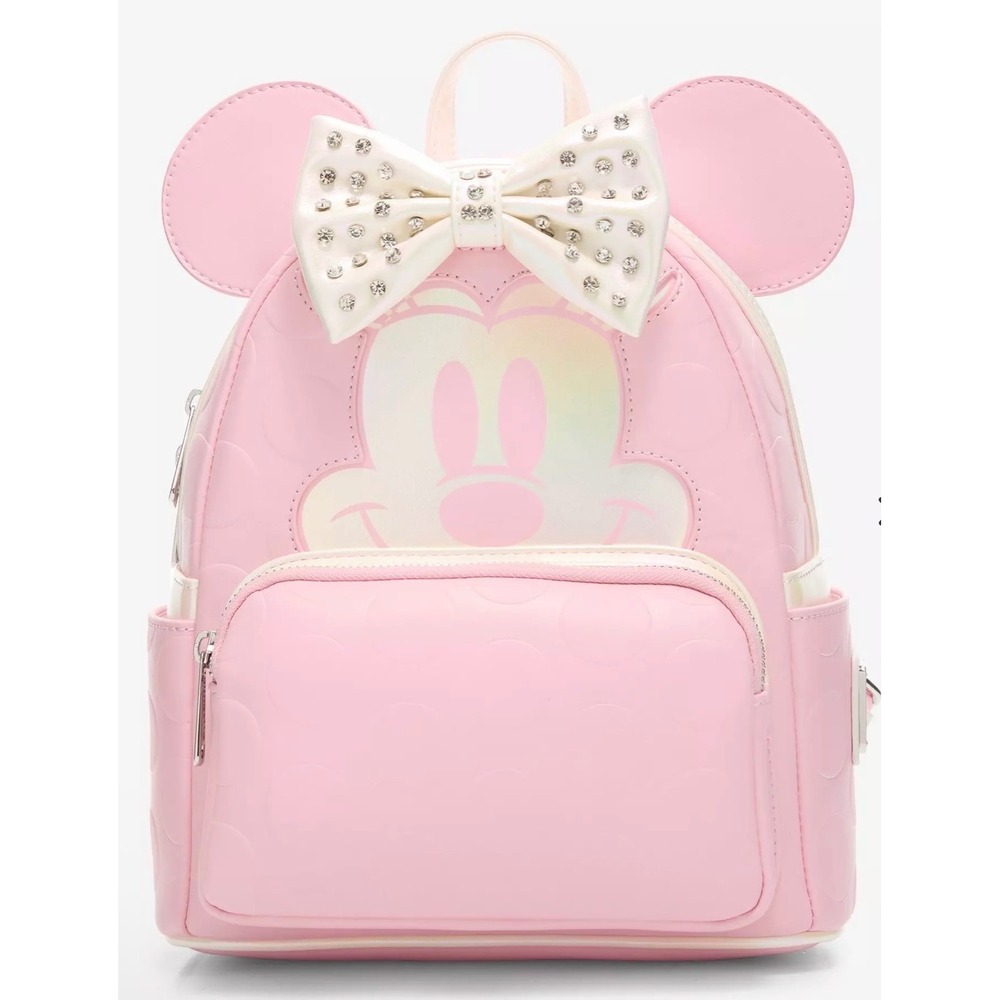 Loungefly Disney Minnie Mouse Iridescent Pink Rhinestone Bow Mini Backpack New